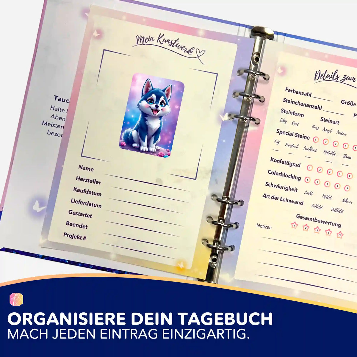 Husky Happy Sticker in einem Diamond Painting Tagebuch zur Organisation von DIY-Kunstwerken und Malen nach Zahlen Projekten.