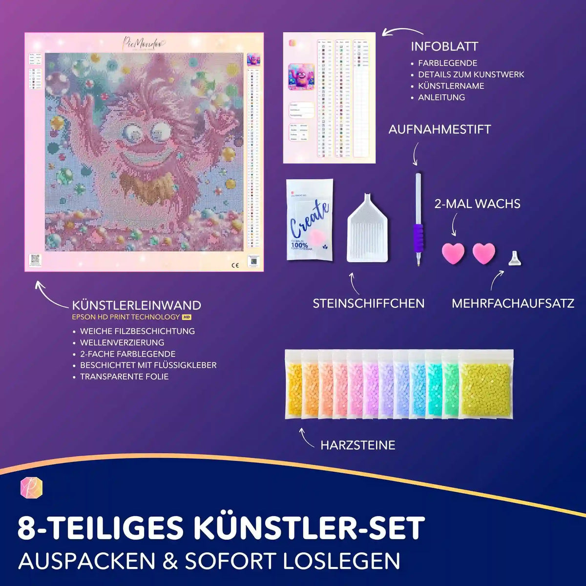Diamond Painting Set Eckbert mit buntem Comic-Monster, Leinwand, Harzsteinen und Zubehör für DIY-Kunstwerke.