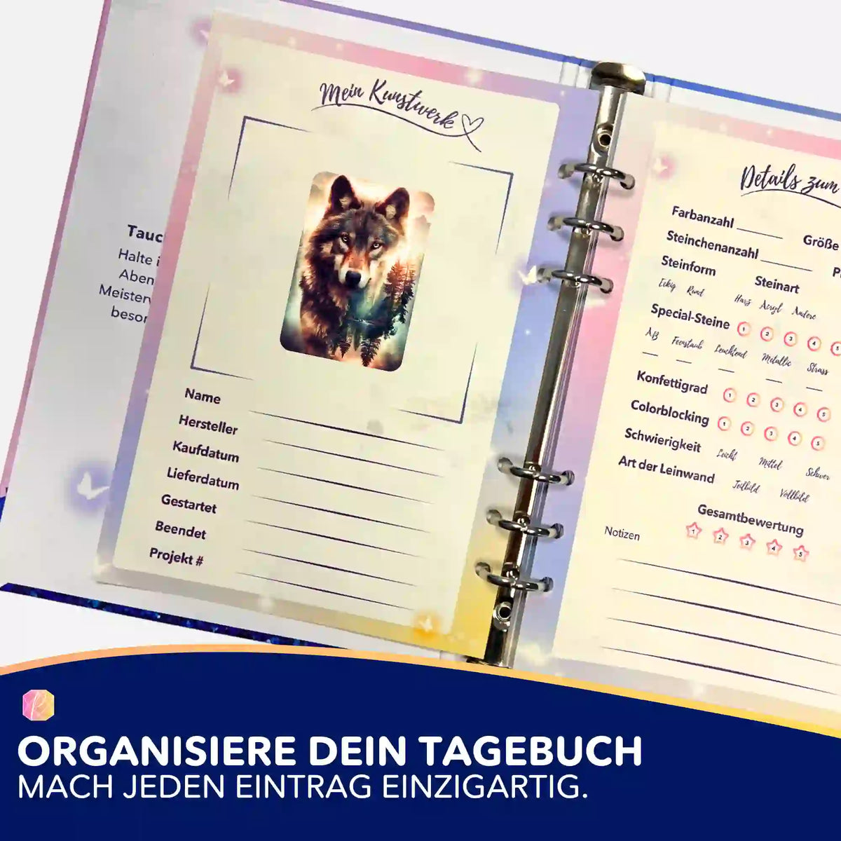 Picmondoo Planer-Seite mit Wolf-Aufkleber zur Organisation von Diamond Painting Projekten und Malen nach Zahlen