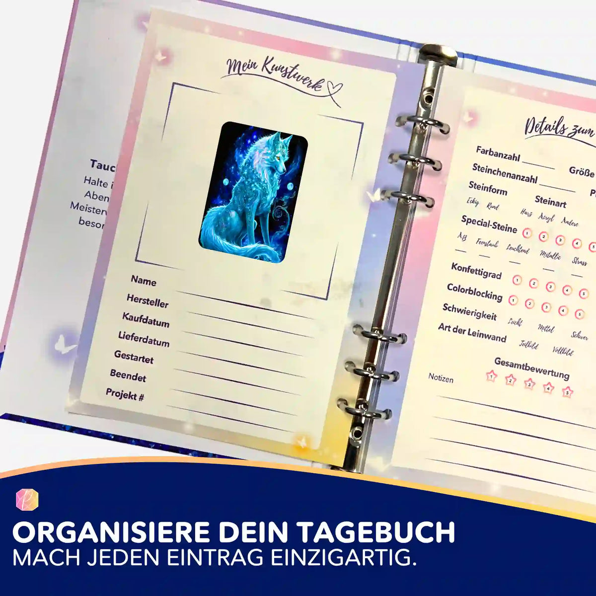 Verzauberter Wolf Aufkleber im Diamond Painting Tagebuch zur Organisation von DIY-Kunstwerken und Diamanten Painting Sets