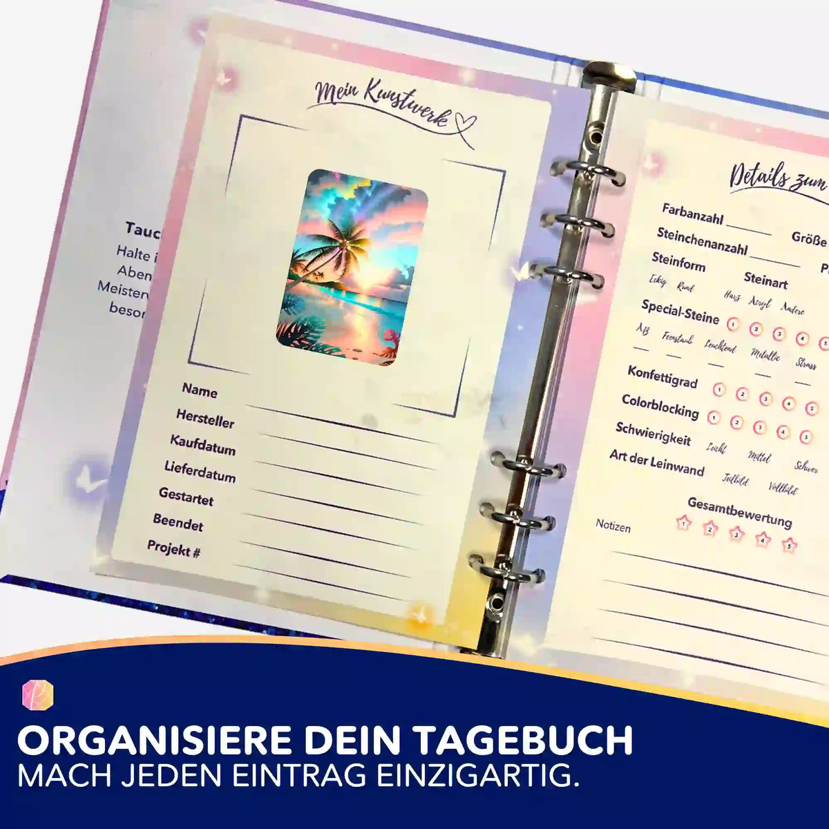 Diamond Painting Tagebuch Set mit Palme im Abendhimmel Aufkleber zur Organisation deiner Diamanten Painting Kunstwerke