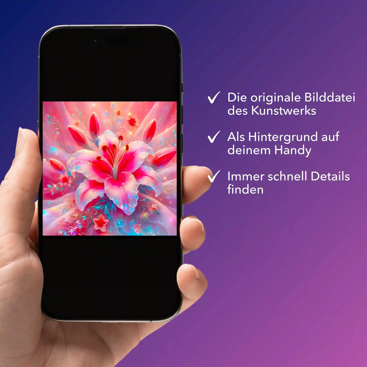 Digitale Bildmappe zum Diamond Painting Motiv Zarte Lilie in Rosé als PDF-Download auf einem Smartphone angezeigt