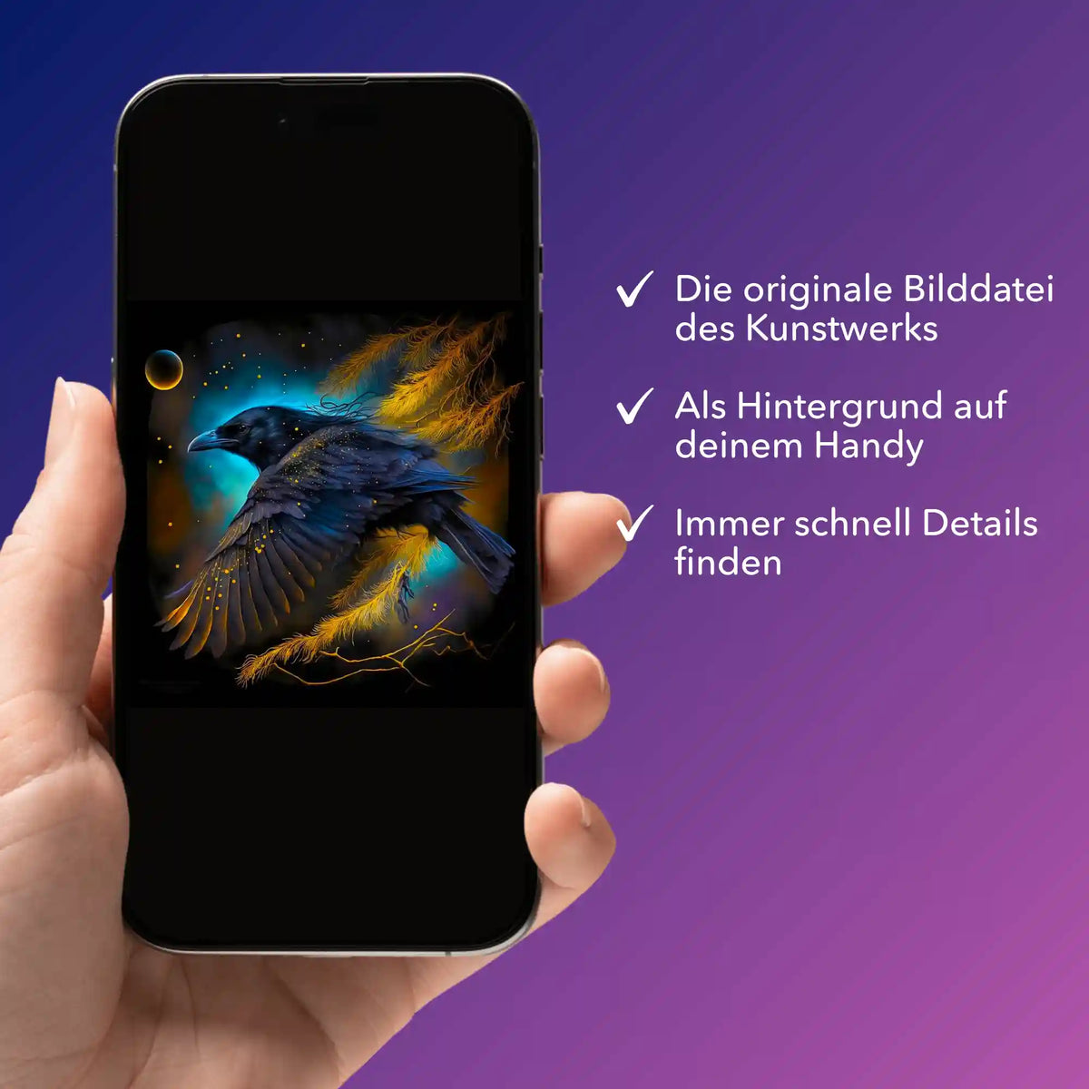 Digitale Bildmappe für Diamond Painting als Handy-Hintergrund mit mystischem Hexenrabe-Motiv von Picmondoo