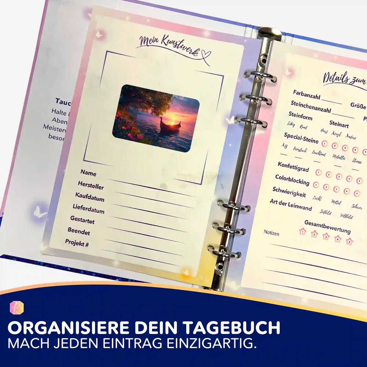 Picmondoo Diamond Painting Tagebuch mit Aufkleber-Set zur Organisation und Dokumentation von DIY-Kunstwerken