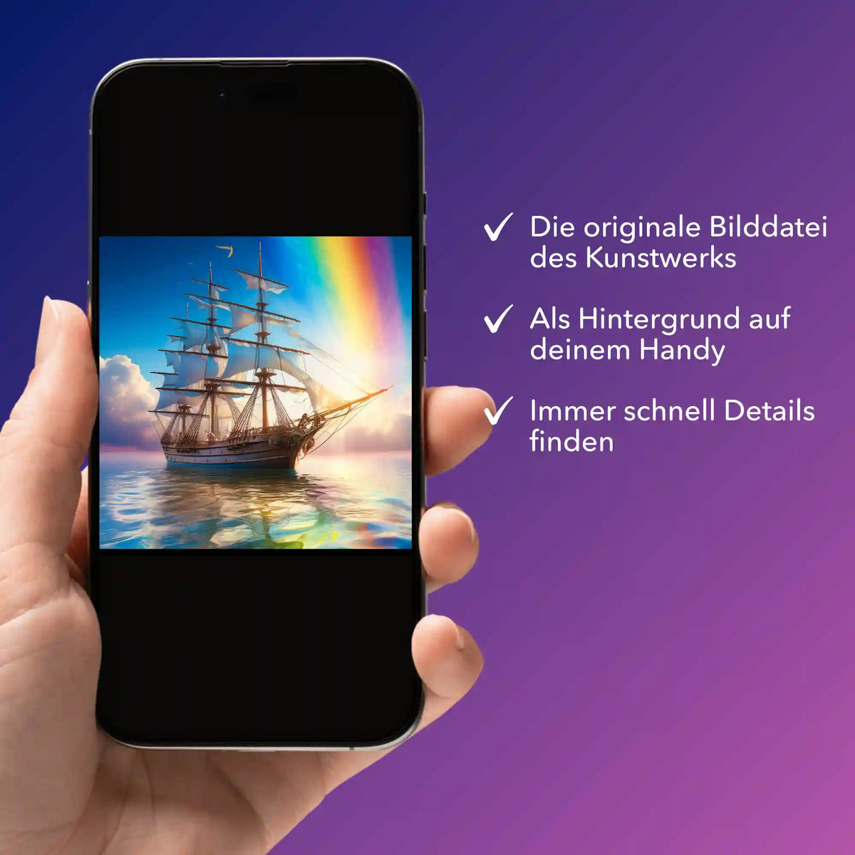 Digitale Bildmappe für Diamond Painting als Smartphone-Display mit Segelschiff-Motiv und Regenbogen für unterwegs