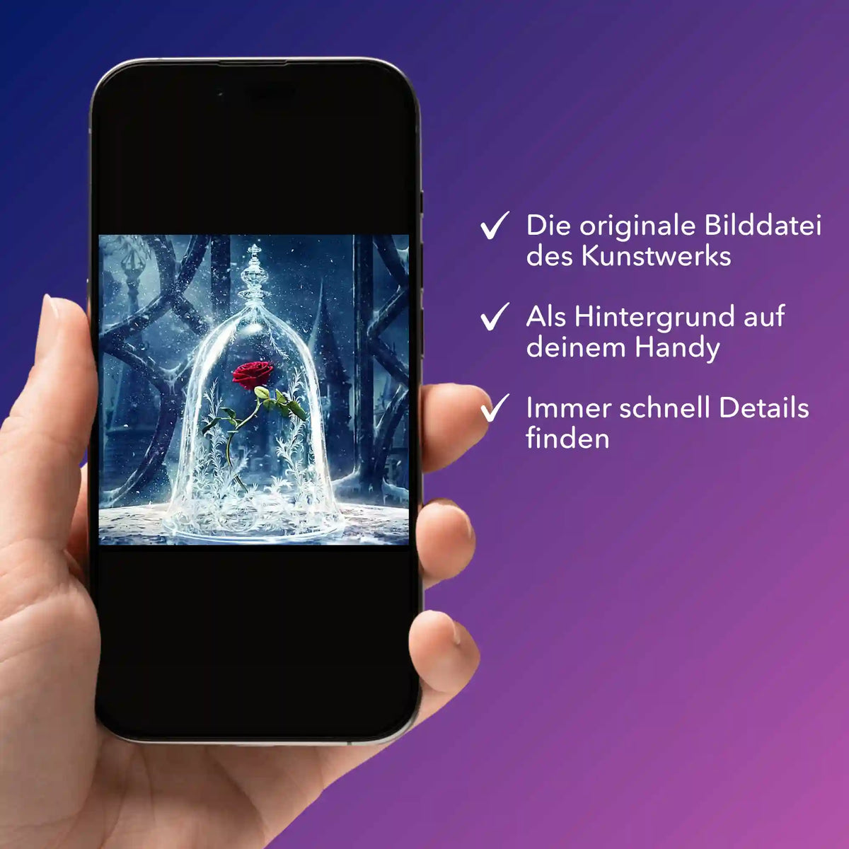 Digitale Bildmappe für Diamond Painting oder Malen nach Zahlen mit Motiv Rose im Wunderglas auf einem Smartphone-Display.