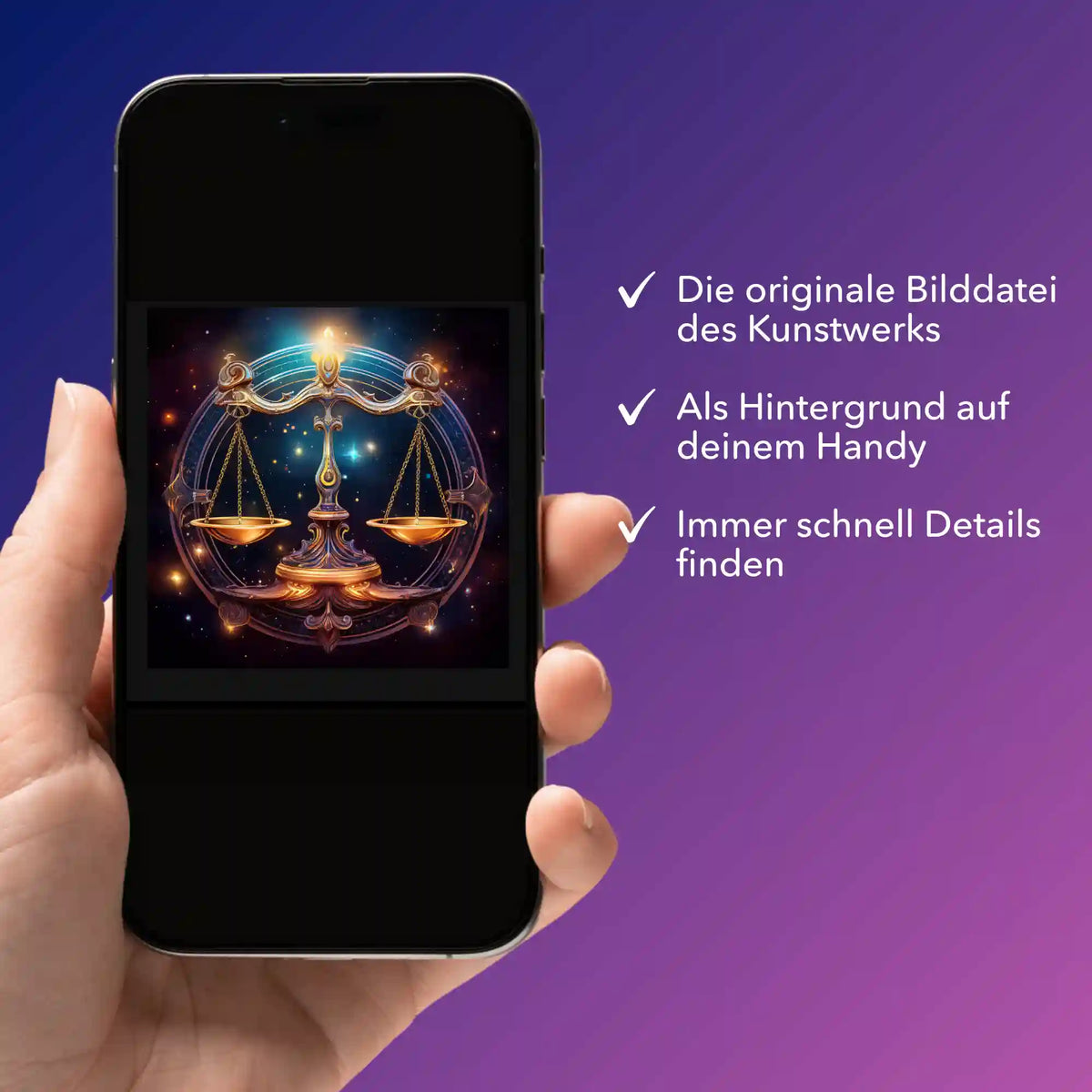 Digitale Bildmappe für Diamond Painting Motiv Sternzeichen Waage auf einem Smartphone Display angezeigt