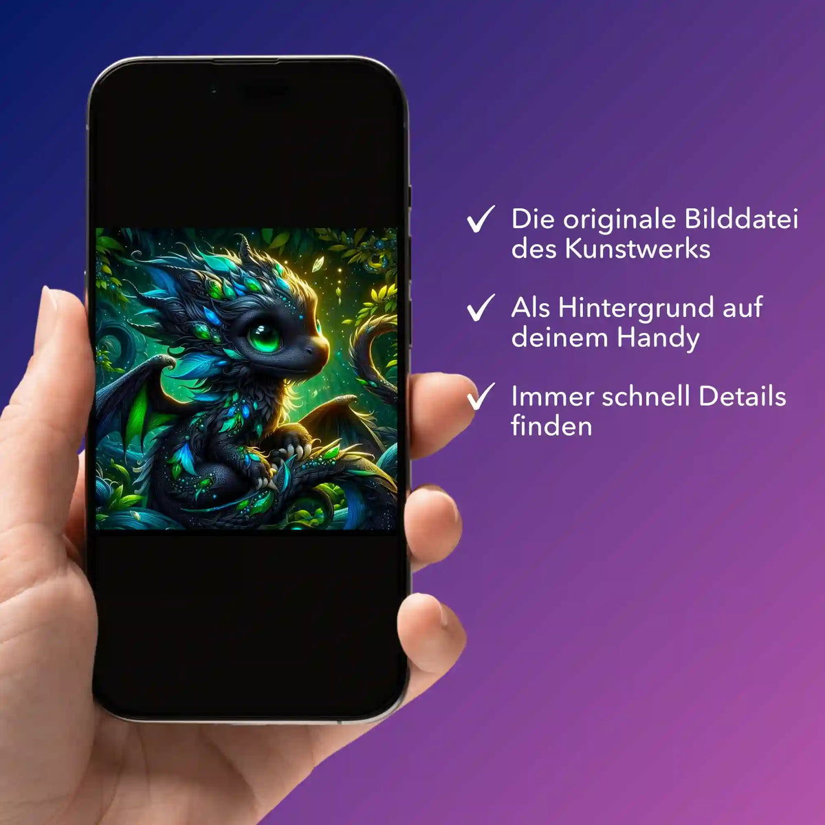 Digitale Bildmappe für Diamond Painting Motiv Drago – kleiner Drache als Handy-Hintergrund für kreative DIY-Fans