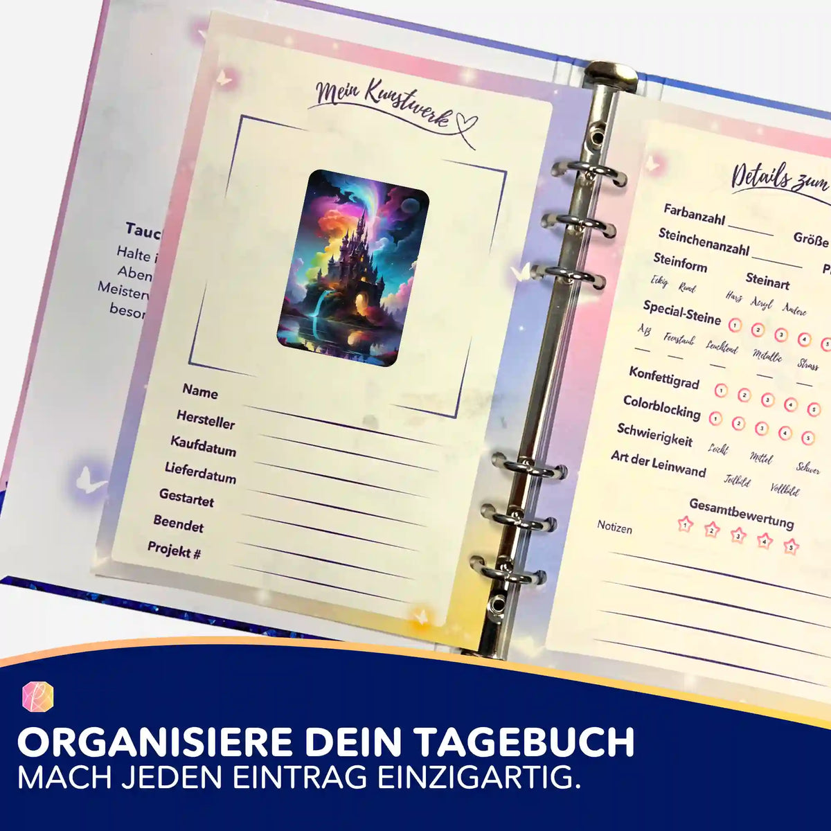 Zauberschloss Sticker im Diamond Painting Tagebuch zur Organisation von DIY Projekten und Malen nach Zahlen Sets