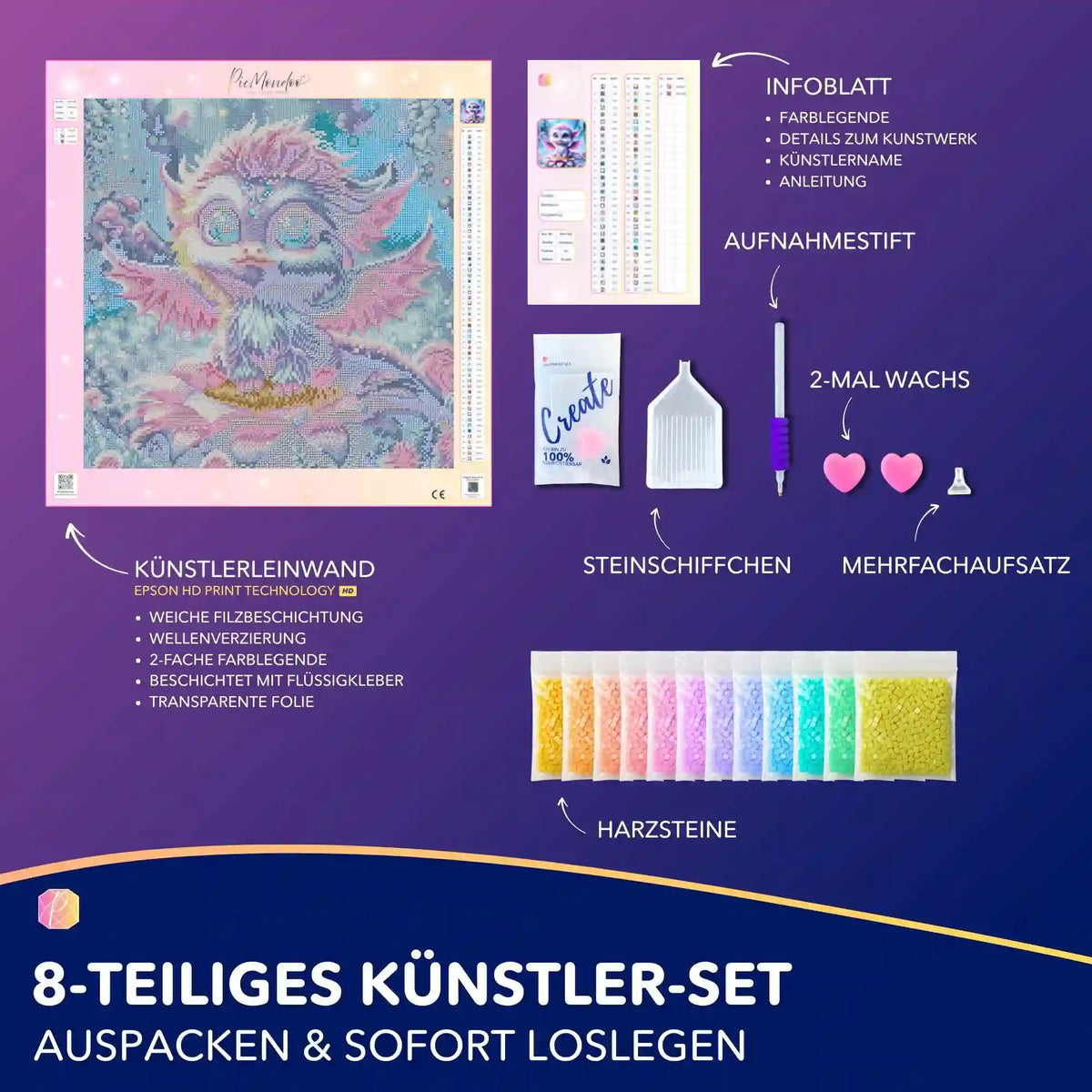 Diamond Painting Set Elun mit süßem Babydrachen, Leinwand, bunten Harzsteinen und Zubehör für DIY-Kunstwerke.