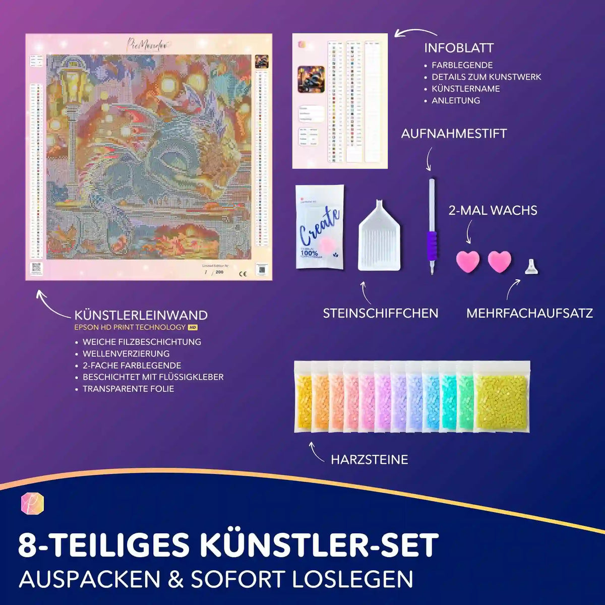 Diamond Painting Set Lumos Schlummer mit Leinwand, Glitzersteinen, Stift und Zubehör für das Drachen Motiv