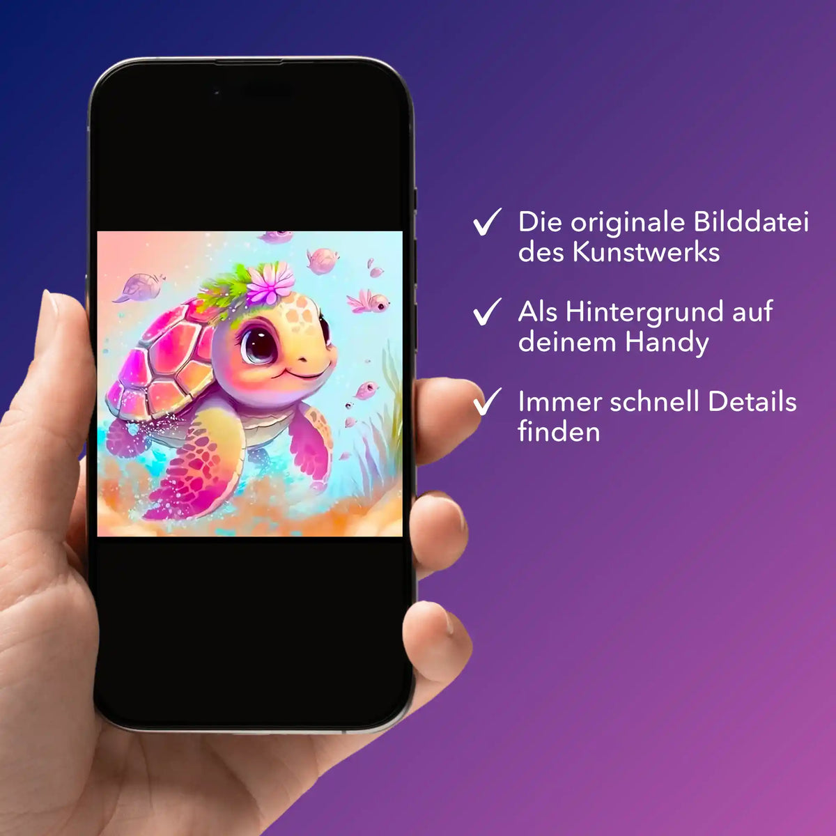 Digitale Bildmappe für Diamond Painting Motiv Schildkrötenmädchen als Handy-Hintergrund und digitale Vorlage auf dem Display