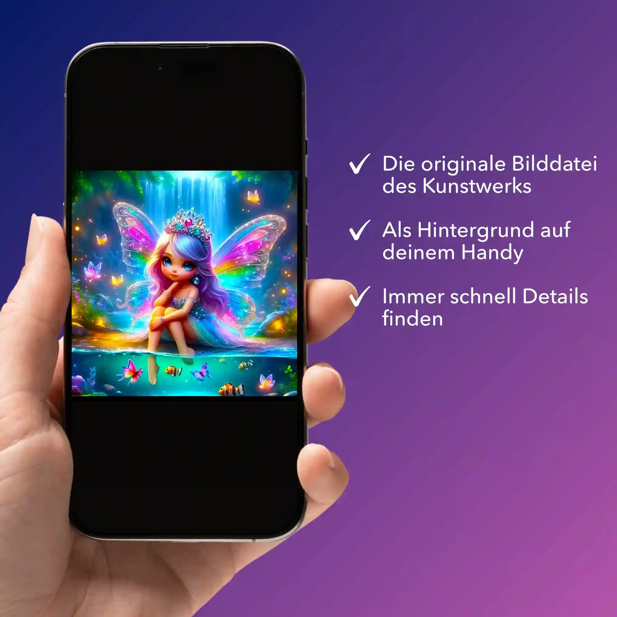 Smartphone mit digitaler Bildmappe für Diamond Painting Motiv Entspannung am Elfenteich mit bunter Elfe