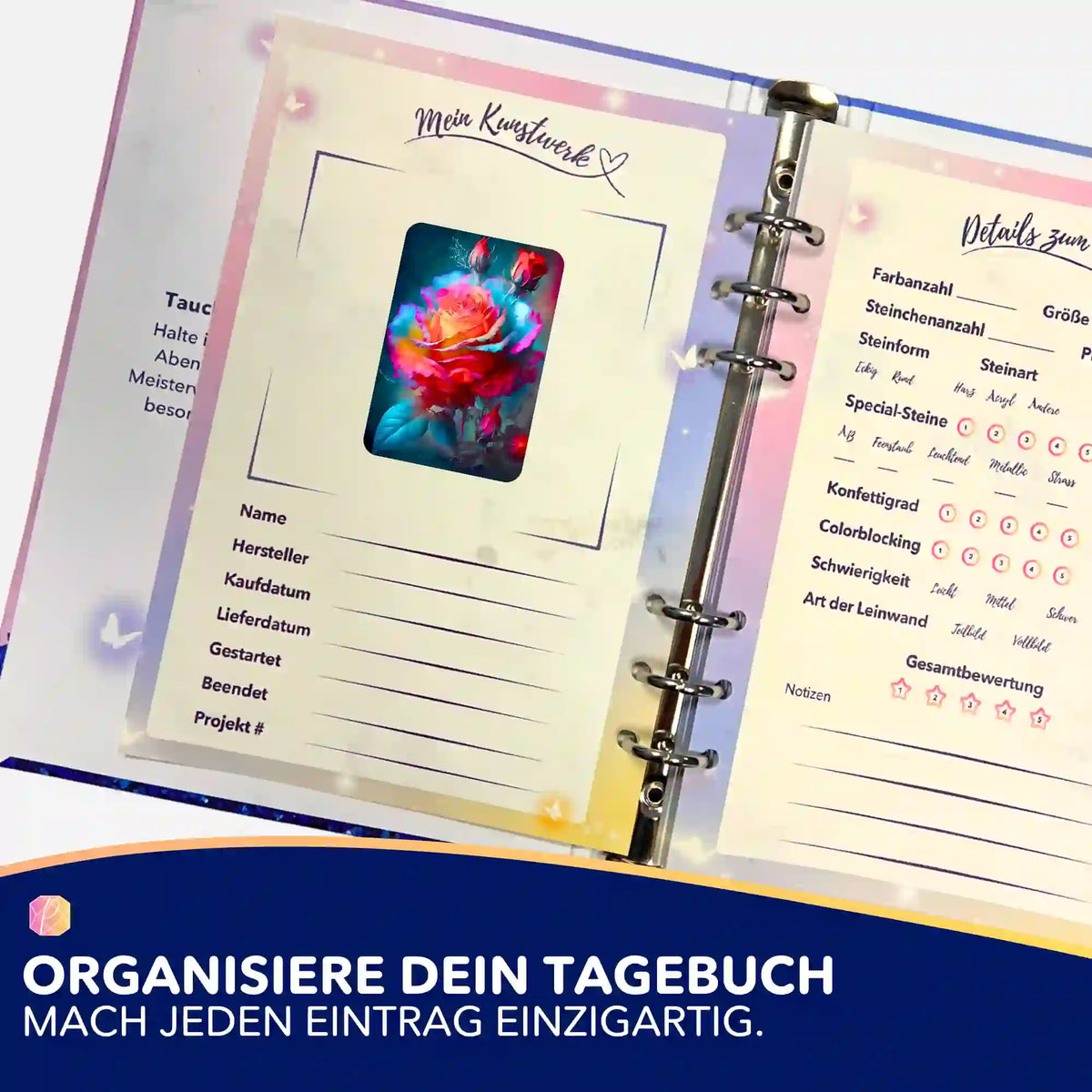 Diamond Painting Aufkleber mit Rosenblüten-Motiv im Projekttagebuch zur Organisation von DIY-Kunstwerken.