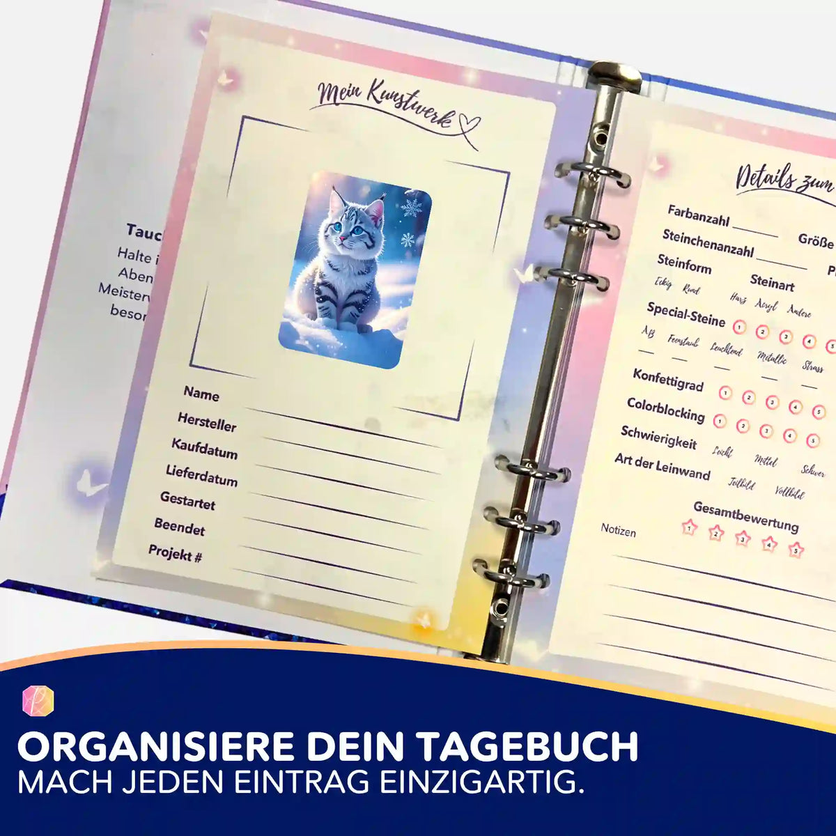 Diamond Painting Tagebuch mit eingeklebtem Schneegeist Stickermotiv zur Organisation von Malen nach Zahlen Projekten