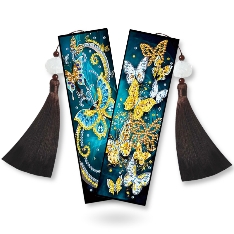 2er Set Diamond Painting Lesezeichen mit goldenen Schmetterlingen und funkelnden Steinen für Bücherliebhaber