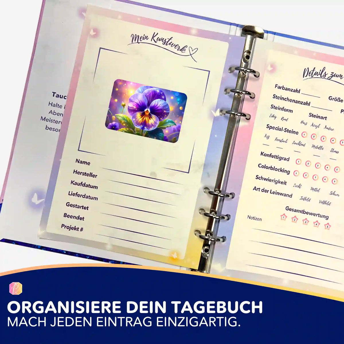 Picmondoo Sticker-Set Sternenveilchen im Diamond Painting Tagebuch zur Organisation von DIY-Kunstwerken