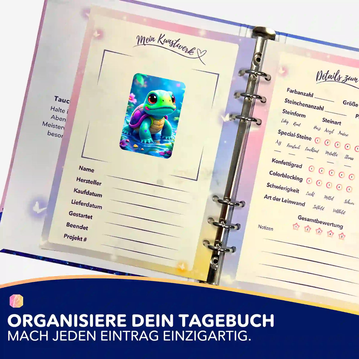 Donatello Diamond Painting Sticker in einem Logbuch zur Dokumentation von Diamanten Painting Kunstwerken