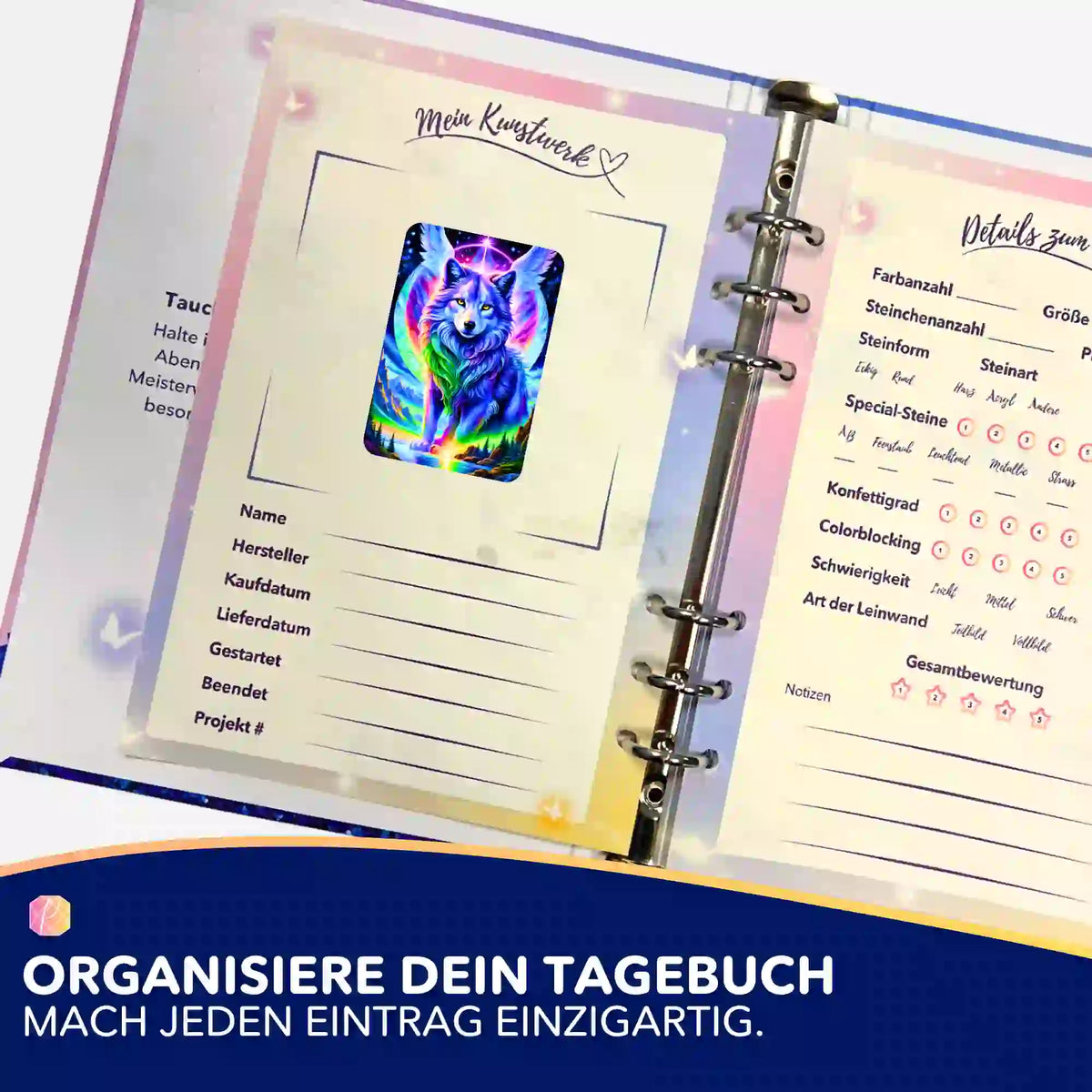 Diamond Painting Aufkleber Geflügelter Wächter im Logbuch zur Dokumentation der Diamanten Painting Projekte