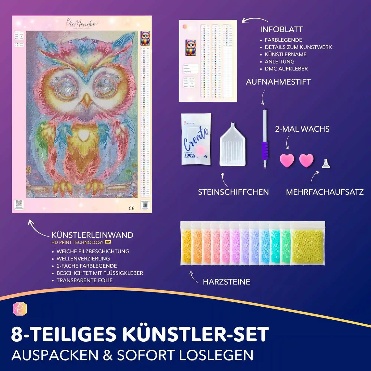 Diamond Painting Set Fridolin mit bunter Eulen-Leinwand, Werkzeug und farbigen Harzsteinen für kreatives Basteln.