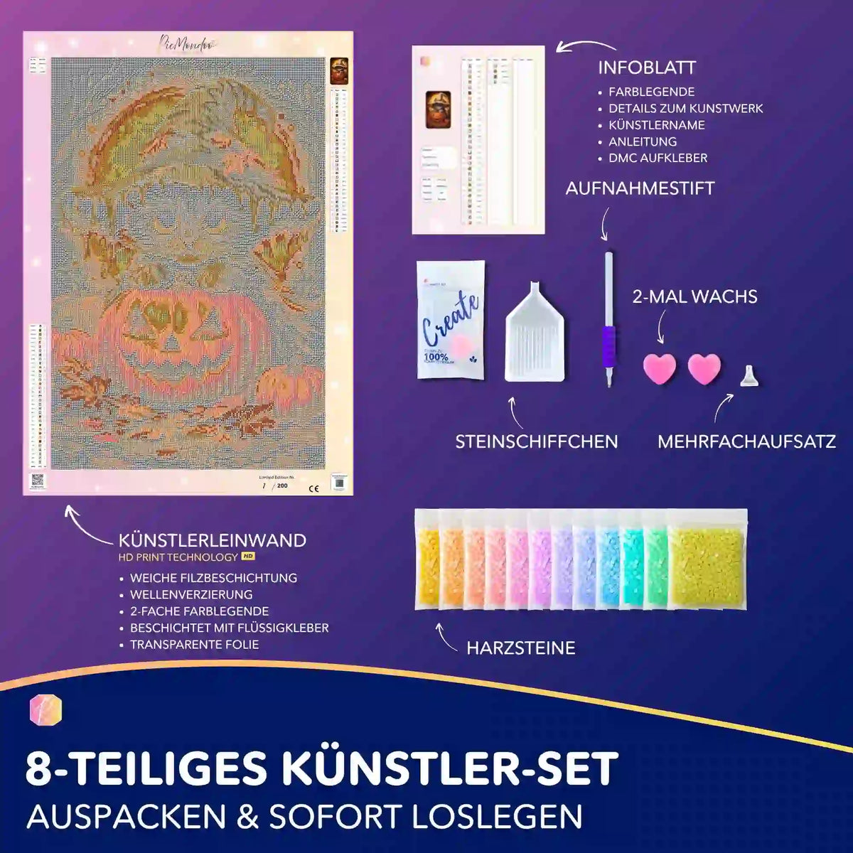 Diamond Painting Set Die kleine Kürbishexe mit Leinwand, bunten Harzsteinen und Zubehör für das Bastel-Hobby.