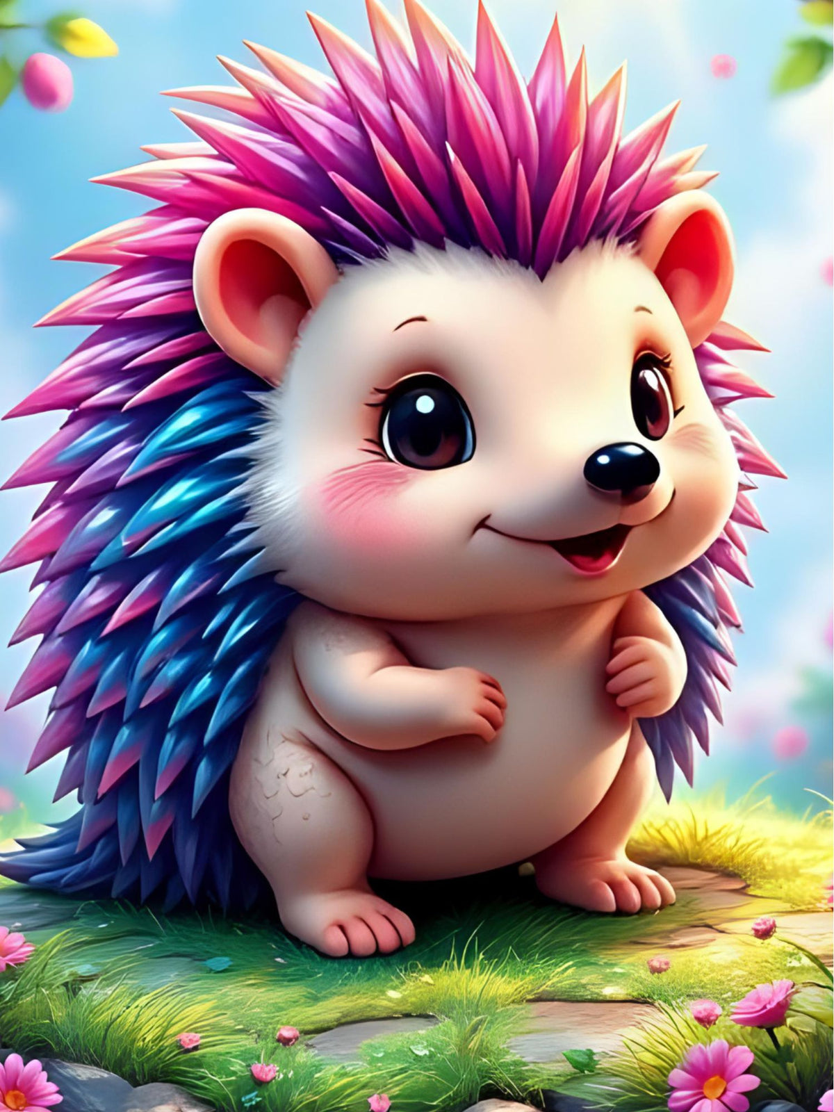 Diamond Painting Set Igel Ilay: Ein süßer, bunter Igel mit leuchtenden Stacheln in einer Blumenwiese im Miniformat.