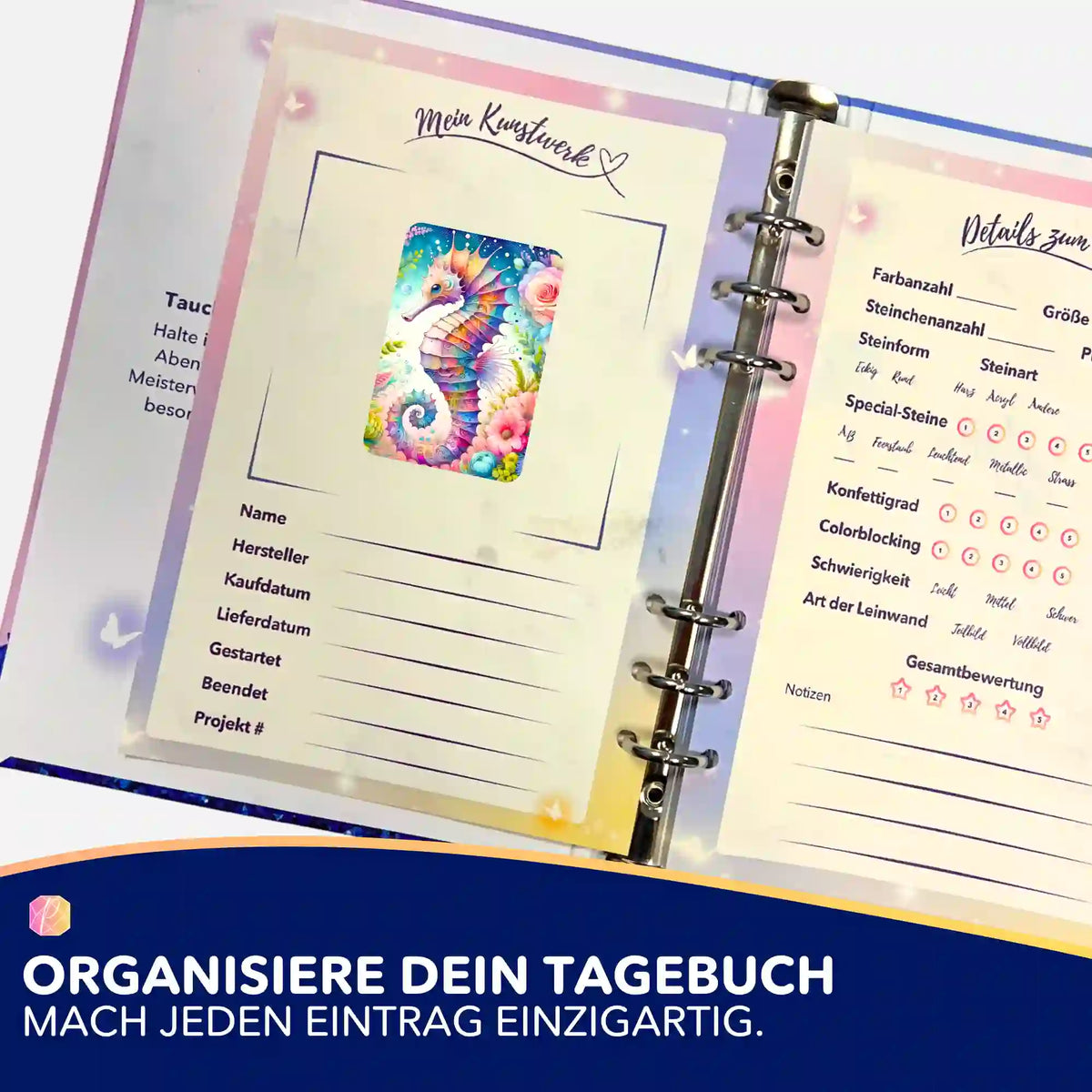 Seepferdchen Aufkleber im Diamond Painting Tagebuch zur Organisation von DIY Bastelsets und Projektnotizen