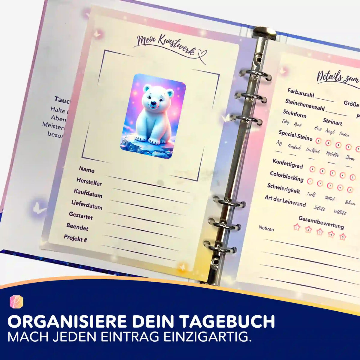 Eisbär Hugo Sticker in einem Diamond Painting Tagebuch zur Organisation von DIY-Kunstwerken und Diamanten Painting Sets.