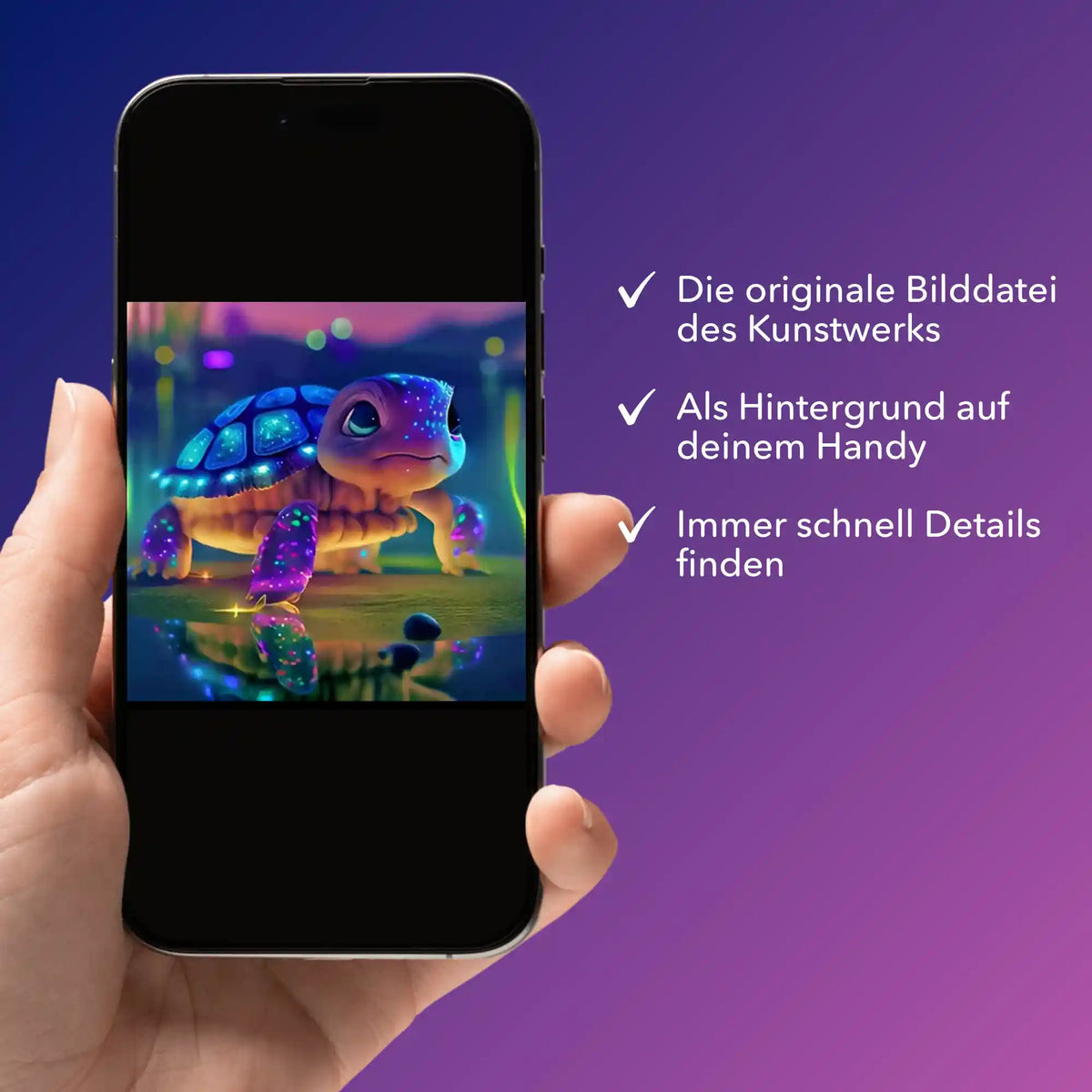 Digitale Bildmappe für Diamond Painting mit leuchtendem Schildkröten-Motiv als Handy-Hintergrund
