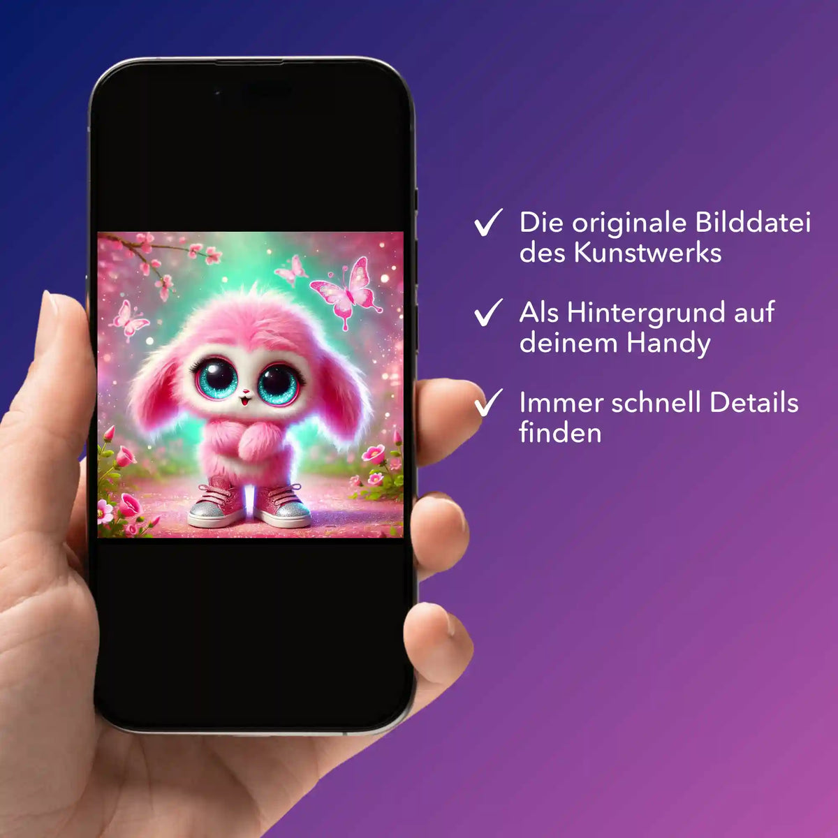 Smartphone mit digitaler Bildmappe vom Diamond Painting Motiv Pink Fluffel Knuffel als Handyhintergrund
