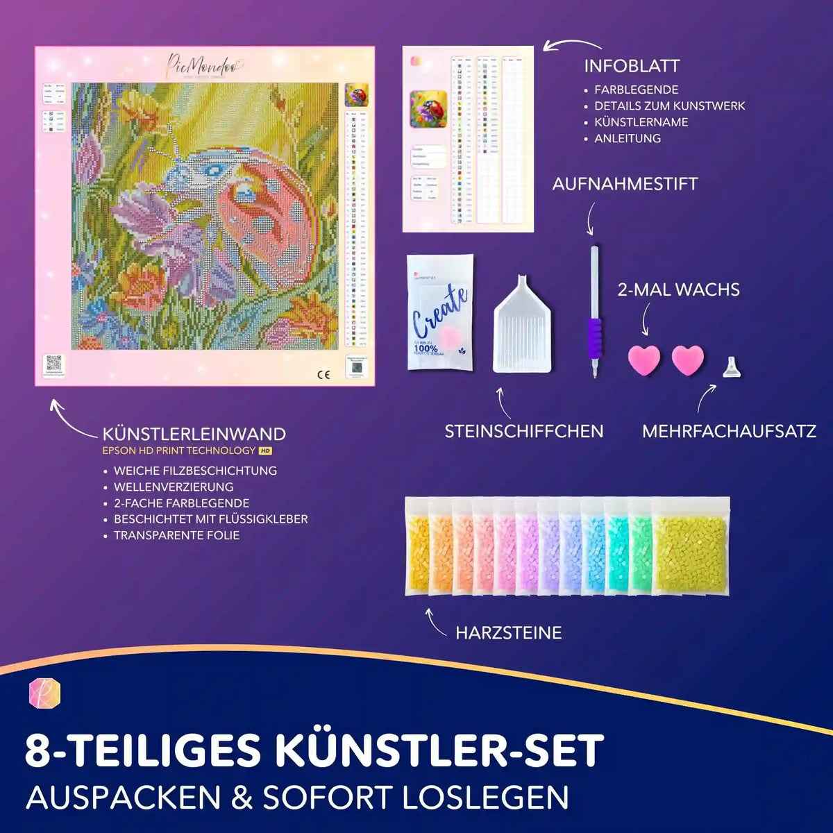 Diamond Painting Set Kleiner Bote des Glücks mit Marienkäfer Motiv, Leinwand, Harzsteinen und Bastelzubehör für Erwachsene