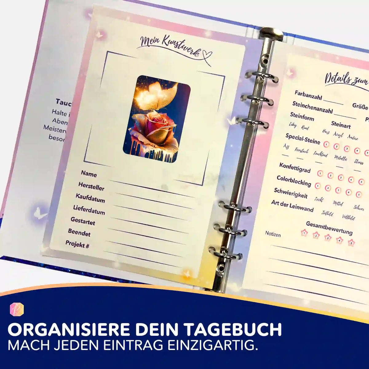 Picmondoo Sticker-Set zur Organisation von Diamond Painting Projekten mit goldenem Rosen-Motiv im Tagebuch.