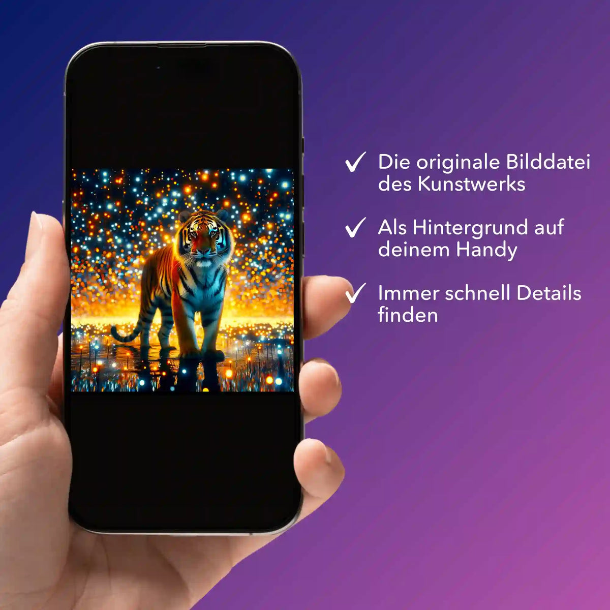 Smartphone zeigt digitale Bildmappe mit Sternenwächter Tiger Motiv für Diamond Painting und Malen nach Zahlen Projekte