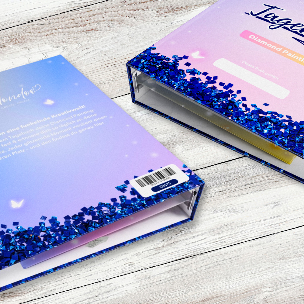 Lila Diamond Painting Tagebuch mit blauem Glitzer-Design als kreativer Notizblock für DIY-Projekte und Fortschritte