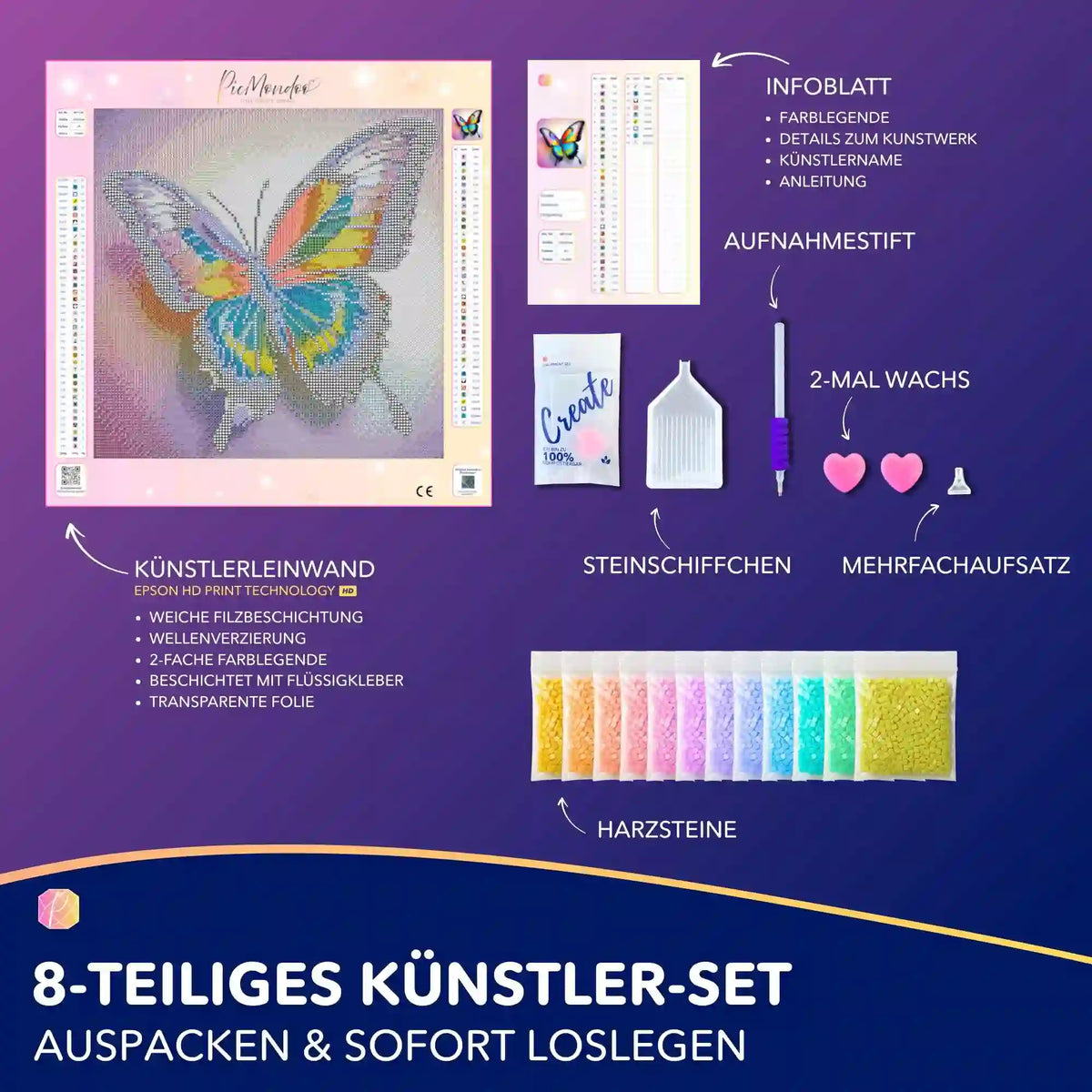 Diamond Painting Set Schmetterling mit buntem Regenbogen-Motiv, Künstlerleinwand, Harzsteinen und Zubehör für Erwachsene.