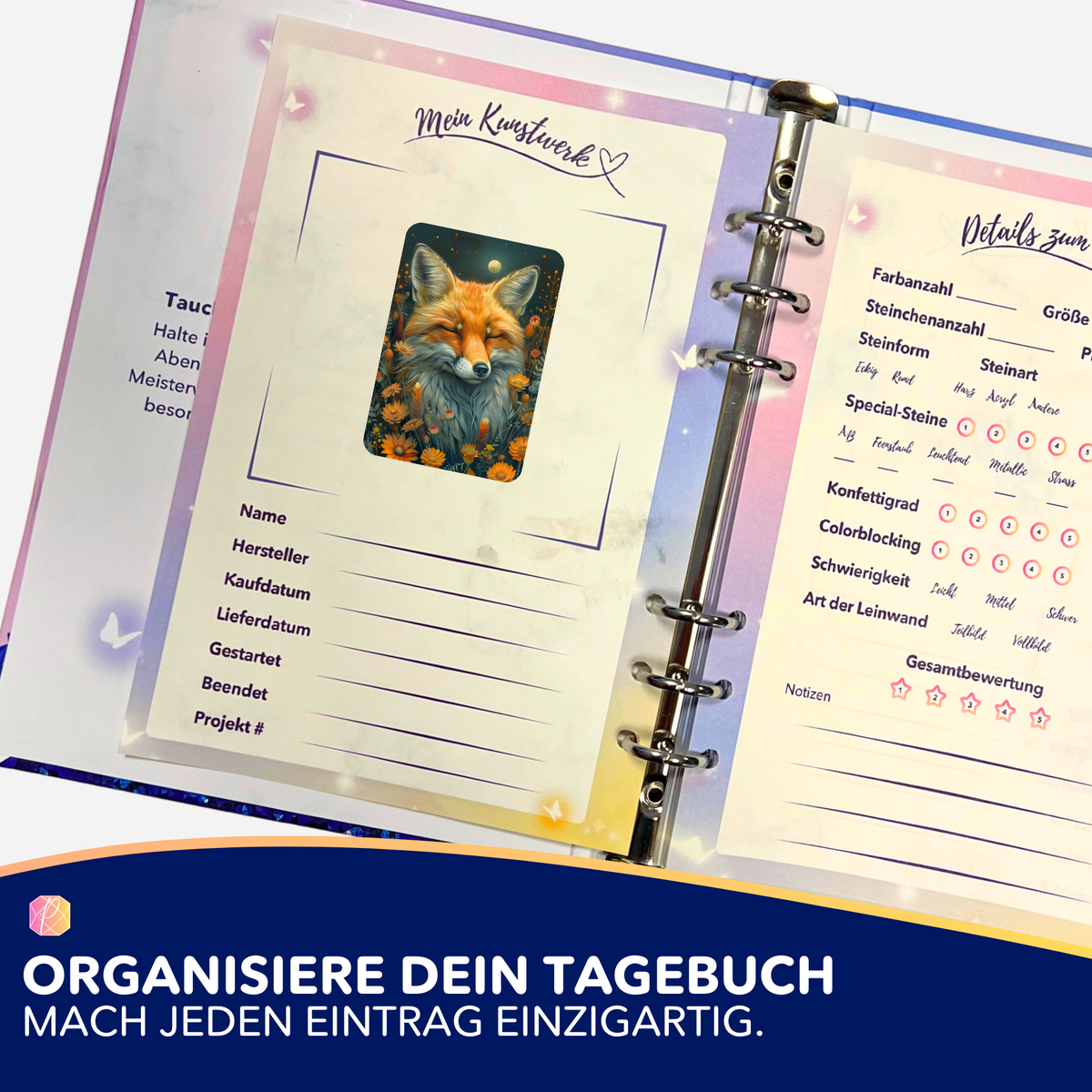 Foxy Dreams Aufkleber im Diamond Painting Tagebuch zur Organisation von Malen nach Zahlen oder Diamanten Painting Projekten