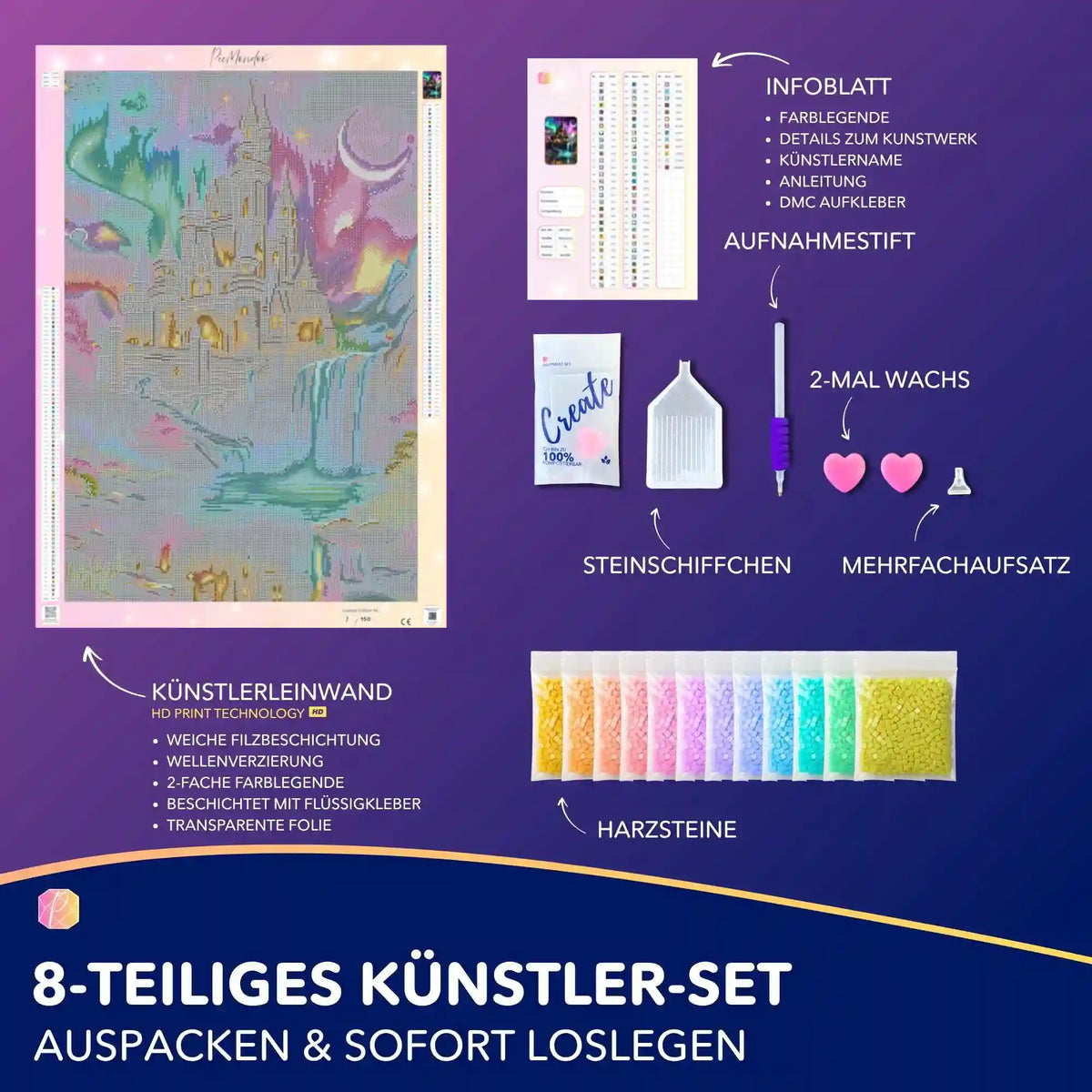 Diamond Painting Set Echos des Himmels mit Fantasieschloss, Harzsteinen und Zubehör für ein magisches DIY-Kunstwerk