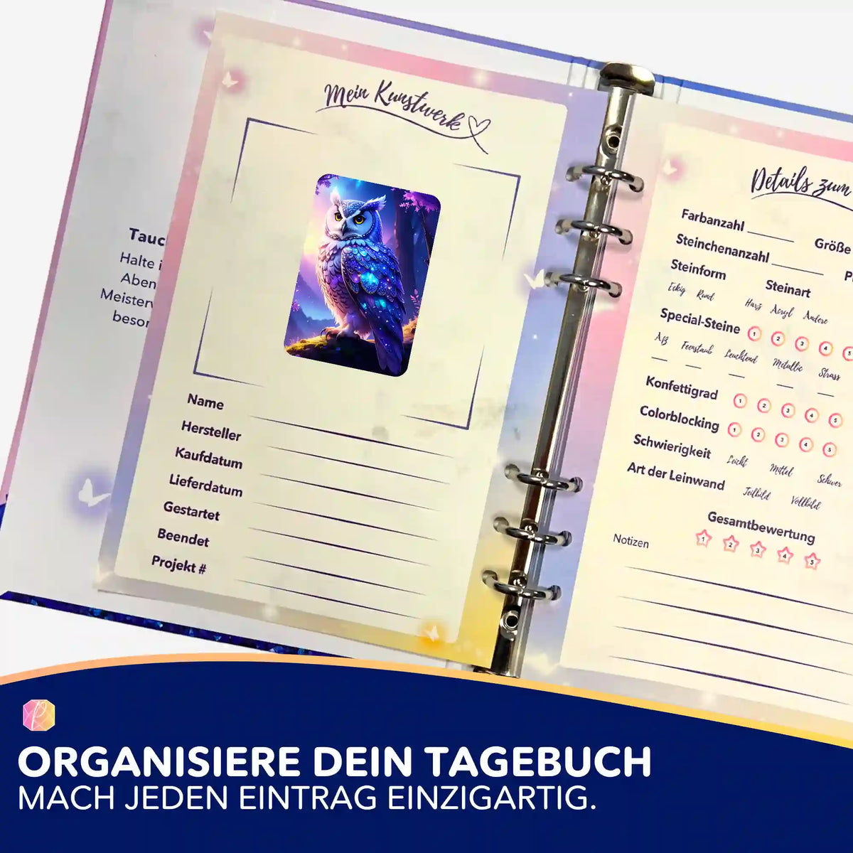 Eulen-Aufkleber Hüterin der Dämmerung in einem Diamond Painting Tagebuch zur Organisation von DIY-Projekten.