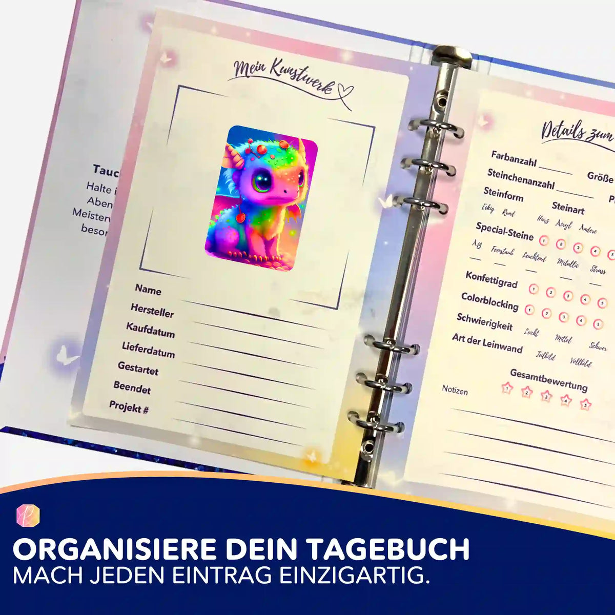 Bunter Regenbogendrache Aufkleber im Diamond Painting Tagebuch zur Organisation von DIY-Projekten