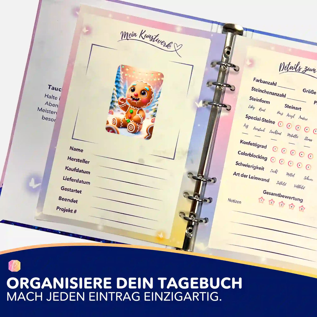 Diamond Painting Tagebuch Blatt mit Lebkuchenmann Aufkleber zur Organisation von Diamond Painting Projekten