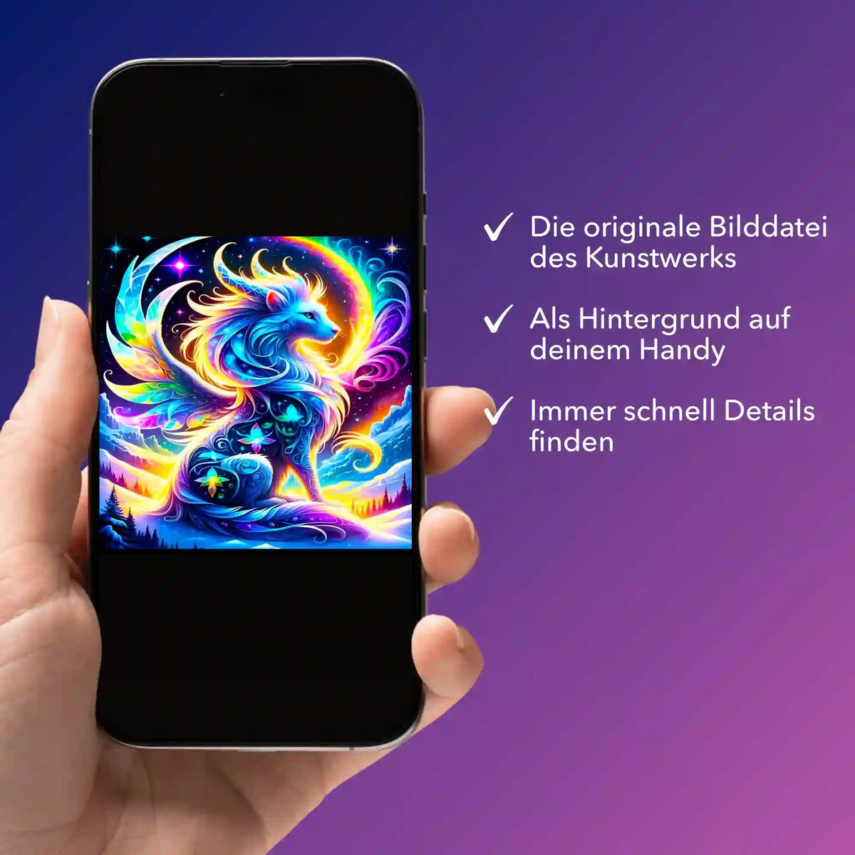Smartphone mit digitaler Bildmappe für Diamond Painting Motiv Monja Hüterin der Berge zur Nutzung der Vorlage