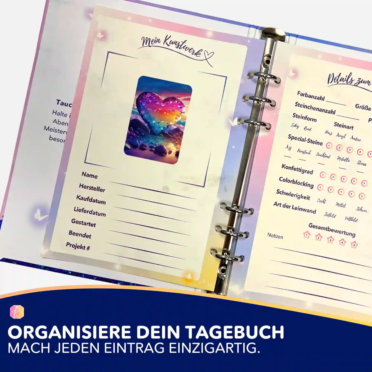 Diamond Painting Tagebuch für Organisation mit herzförmigem Sticker-Motiv und Projekt-Detailübersicht