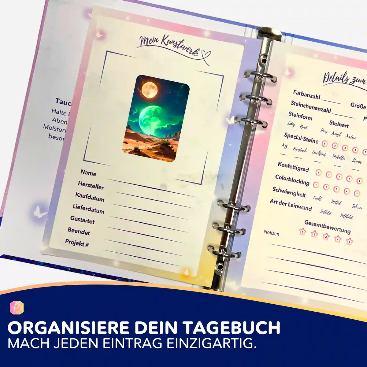 Picmondoo Diamond Painting Tagebuch mit Aufkleber-Set zur Dokumentation von Projektdetails und Fortschritt