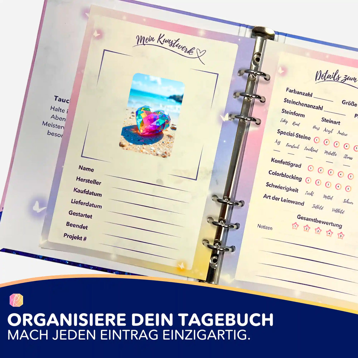 Crystal Heart Aufkleber zur Organisation im Diamond Painting Tagebuch mit Platz für Projektdetails