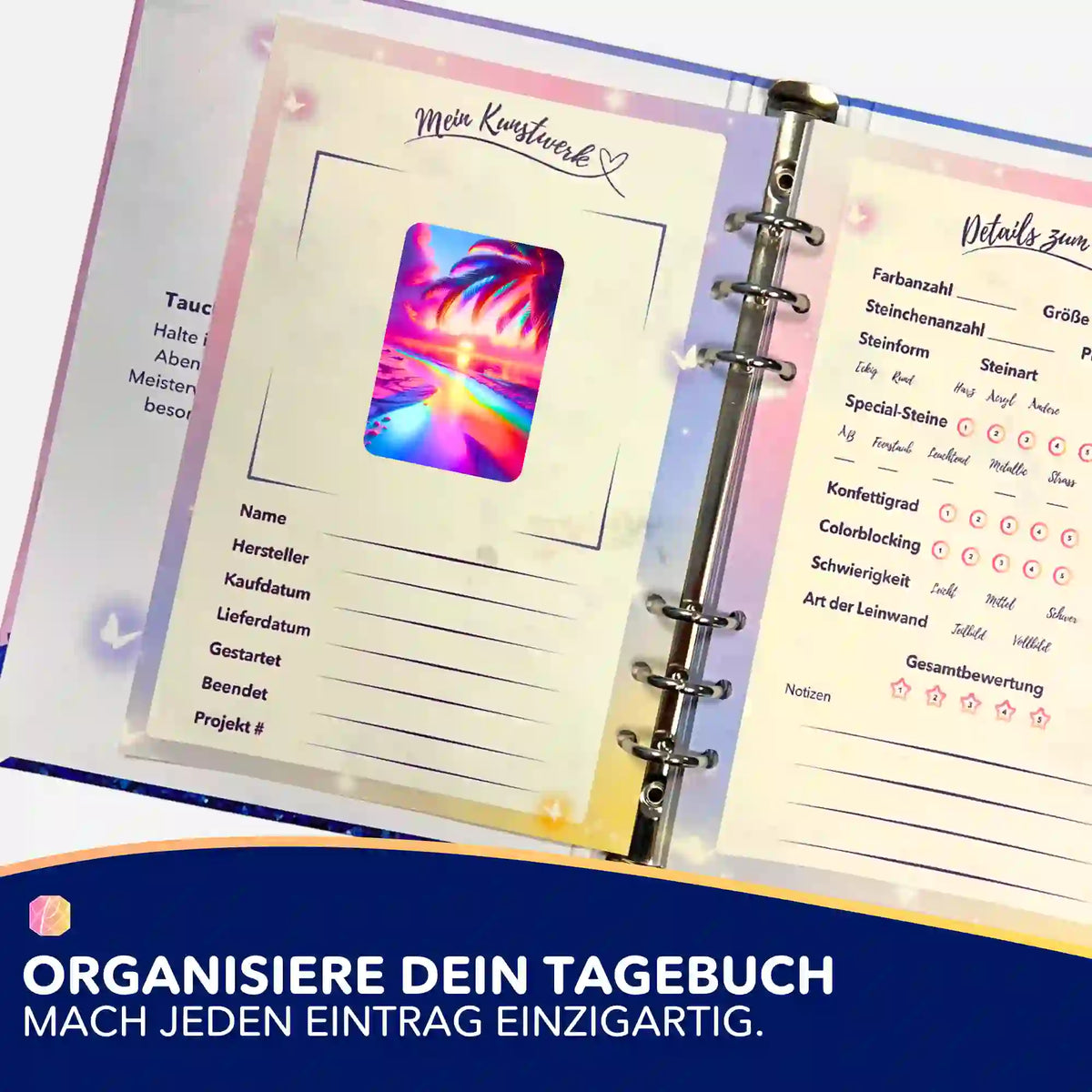 Picmondoo Diamond Painting Aufkleber Zauberstrand für das organisierte Basteltagebuch mit Projektdetails