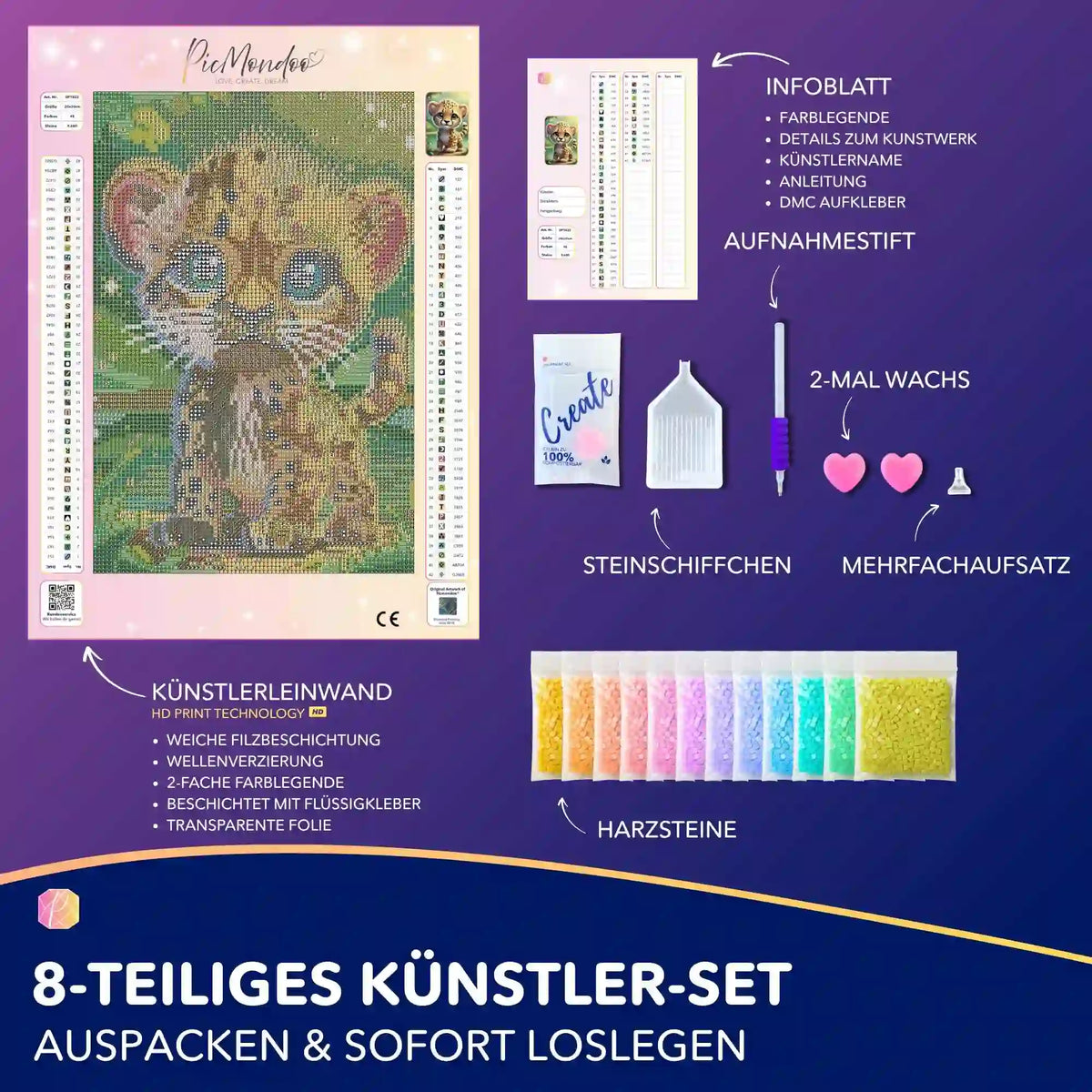 Diamond Painting Set Kibo: Leopardbaby-Leinwand mit komplettem Zubehör, Harzsteinen und Werkzeug für Tierfreunde.