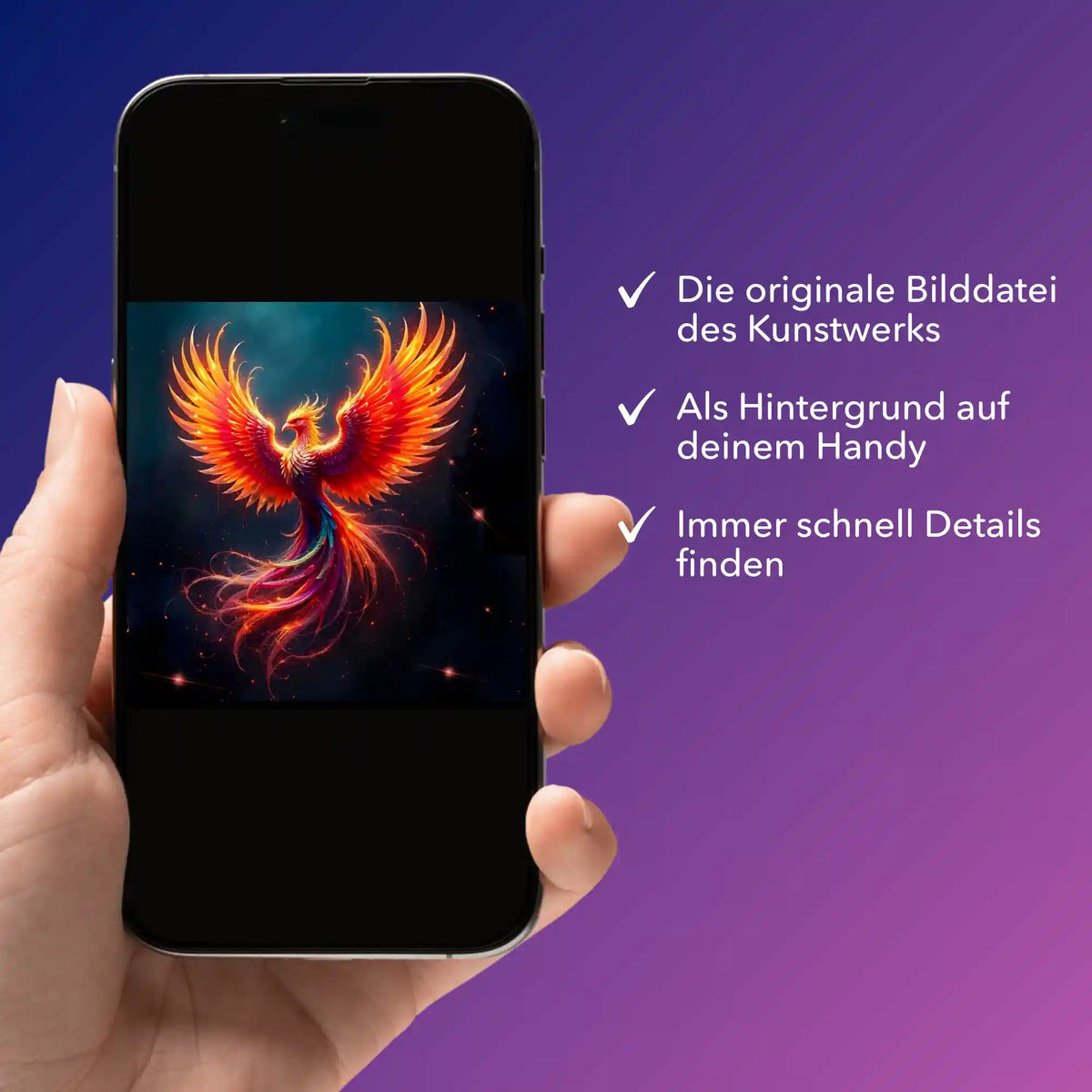 Digitale Bildmappe für Diamond Painting Motiv Phönix als PDF auf Smartphone zum Download für kreative Gestaltung