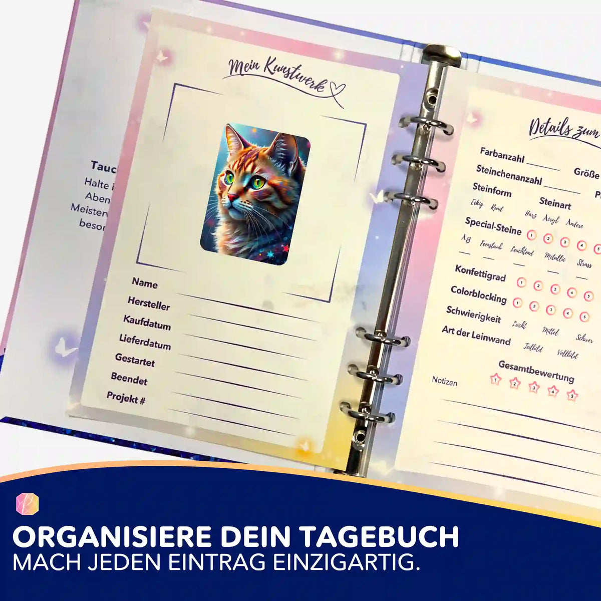 Sternenpfote Aufkleber im Diamond Painting Tagebuch zur Organisation von Malen nach Zahlen und Diamanten Painting Kunstwerken