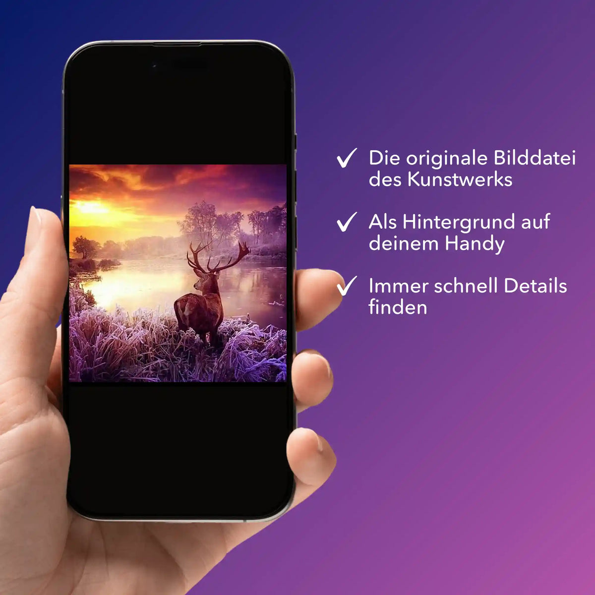 Smartphone zeigt digitale Bildmappe mit Hirsch-Motiv für Diamond Painting und Malen nach Zahlen von Picmondoo