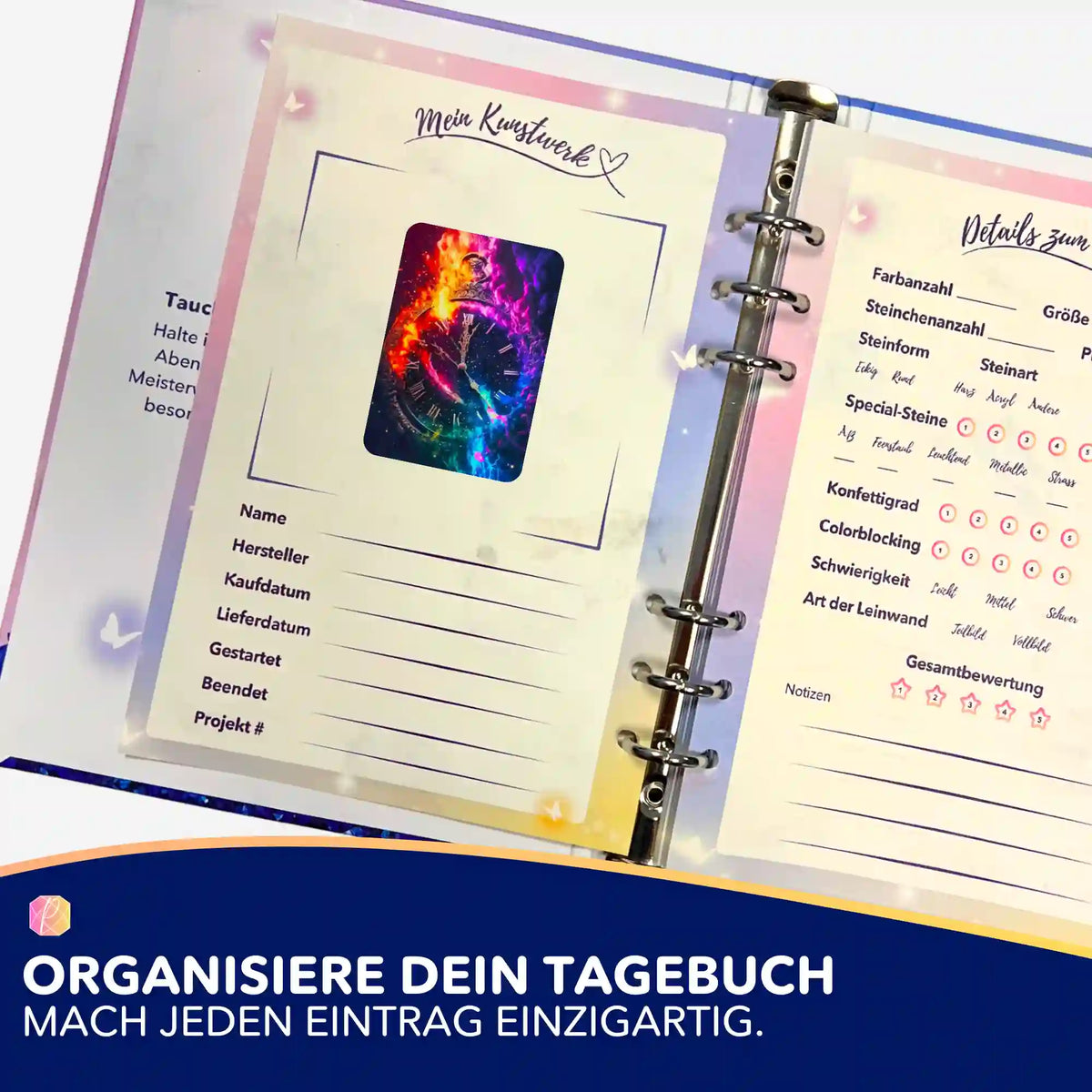 Picmondoo Sticker-Set zur Organisation von Diamond Painting Projekten im Tagebuch mit Time of Magic Moments Motiv